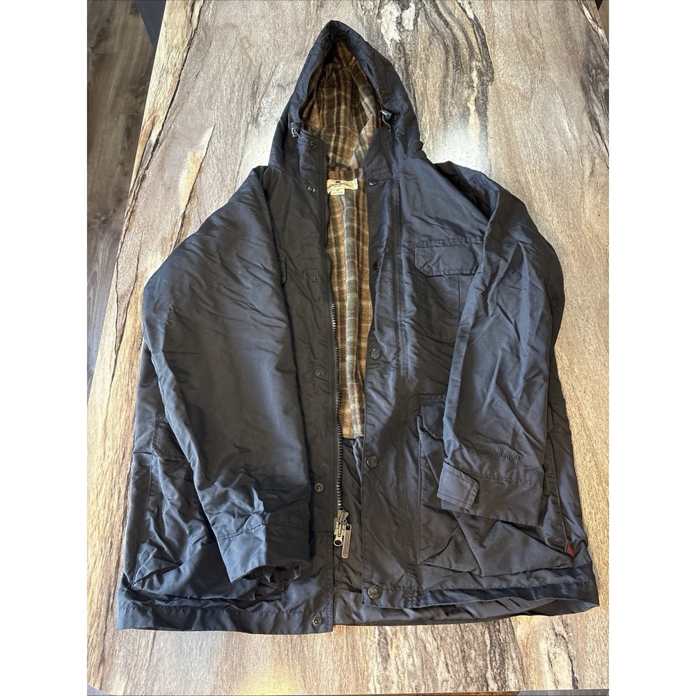 Woolrich Wool Lined Field Coat Mens Jacket Medium Black Plaid Hood Full Zip